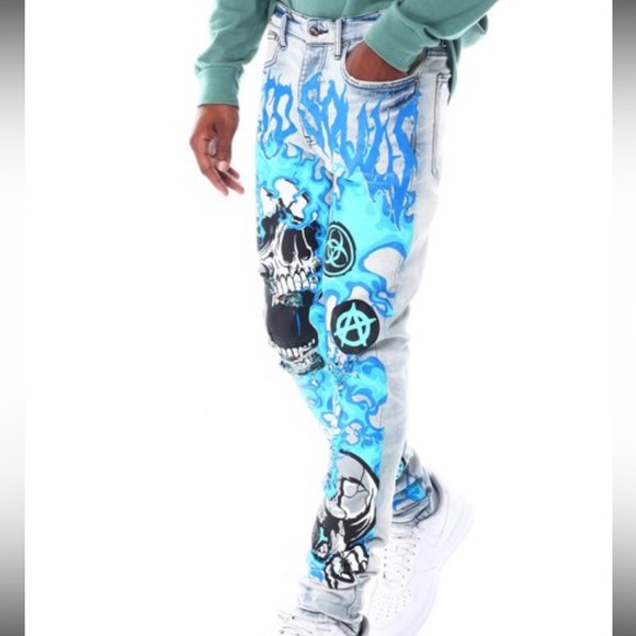 NWT!!!! Mens stylish skinny jeans w/ fashion flame/skull appliqués ; SZ 42W - Picture 3 of 5